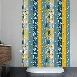 Shower Curtain Teal Boho Floral Stripes