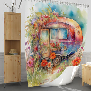 Vintage Theme Watercolor Camper Shower Curtain With Options