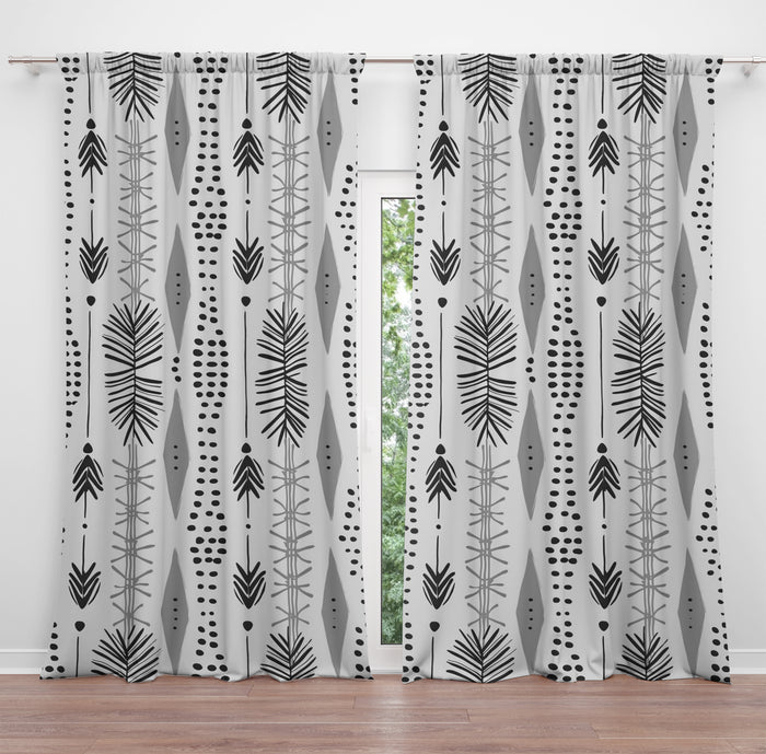 Gray Boho Window Curtains Tribal Pattern