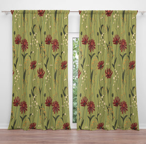 Retro Green Poppy Floral Window Curtains