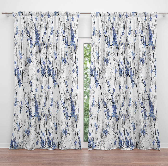 Watercolor Foliage Blue Botanical Window Curtains