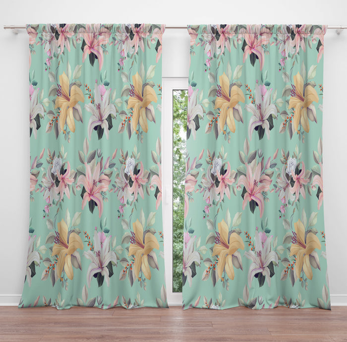 Mint Lilly Floral Window Curtains