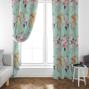 Mint Lilly Floral Window Curtains