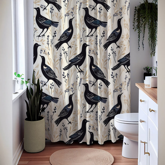 Beige Black Bird Pattern  Shower Curtain