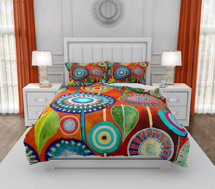 Orange Floral Funk Bedding Comforter or Duvet Cover with Shams