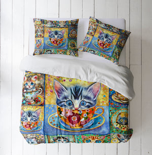 Tea Cup Kittens Bedding Set Comforter or Duvet Cover with Shams