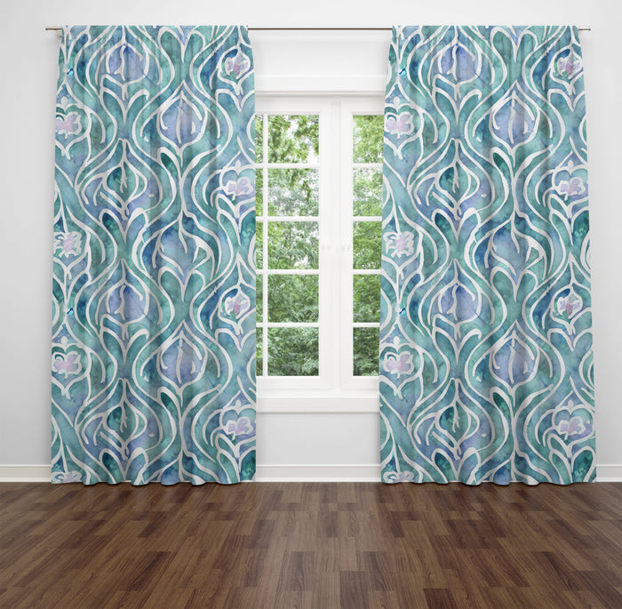 Aqua Boho Batik Window Curtains