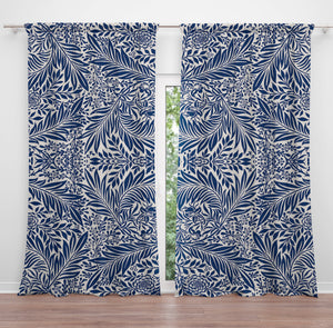 Navy and White Foliage Window Curtains