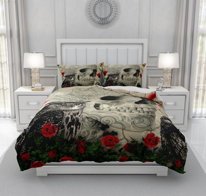 Crow Owl and Poppies Gothic Skull Bedding