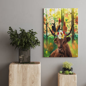 Wall Canvas Scottish Highlander Cow and Chickens Art Print