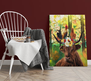 Wall Canvas Scottish Highlander Cow and Chickens Art Print