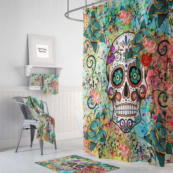 Teal, Orange and Blue Abstract Sugar Skull Shower Curtain