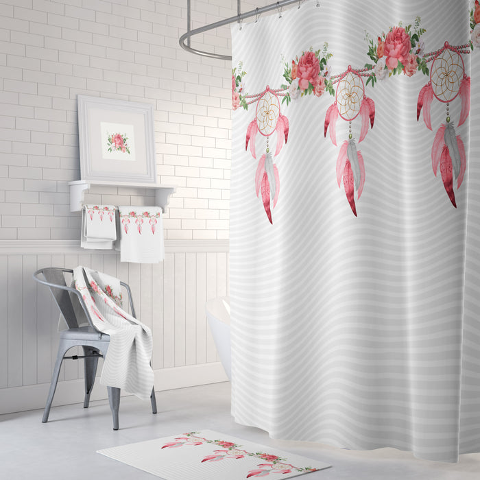 Gray and Pink Dreamcatcher Shower Curtain, Optional Towels and Bath Mat