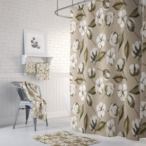  Cotton Boll Farmhouse Shower Curtain, Optional Towels and Bath Mat
