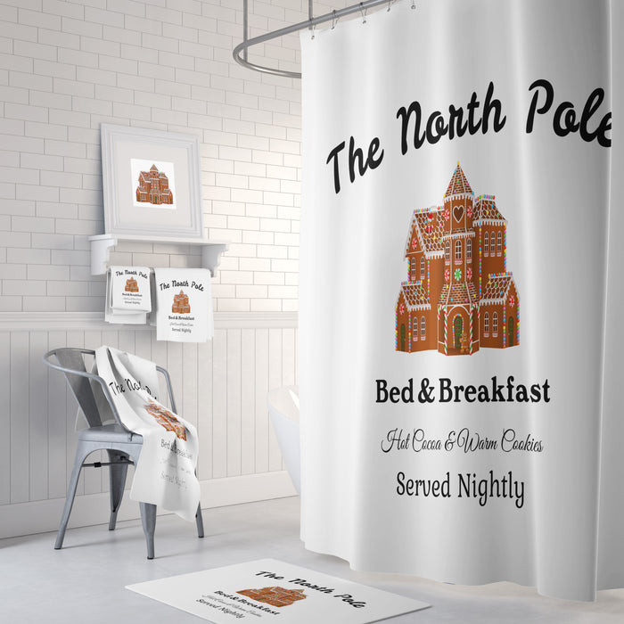North Pole Christmas Shower Curtain, Holiday Bathroom Decor Option For Towels and Bath Mat