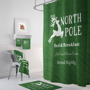 Rustic North Pole Christmas Shower Curtain, Holiday Bathroom Decor Option For Towels and Bath Mat