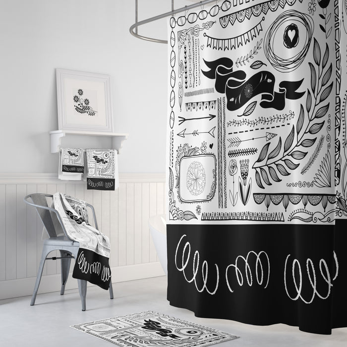 Black and White Shower Curtain, Doodle Pattern Optional Towels and Bath Mat
