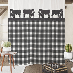 Gray Plaid Cow Shower Curtain Farmhouse Theme