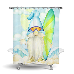 Surfer Gnome Shower Curtain Optional Towels and Mat