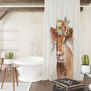 Watercolor Cow with Flowers Shower Curtain