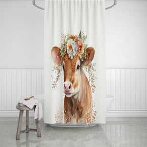 Watercolor Cow with Flowers Shower Curtain