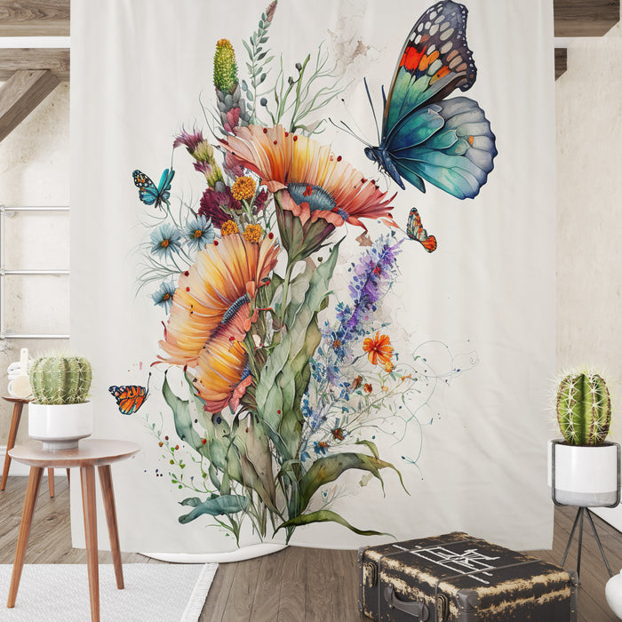 Butterfly Wildflower Floral Shower Curtain