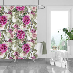 Butterfly Rose Floral Shower Curtain Optional Towels and Mat