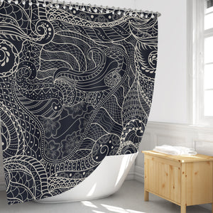 Black Doodle Abstract Shower Curtain Optional Towels and Mat 