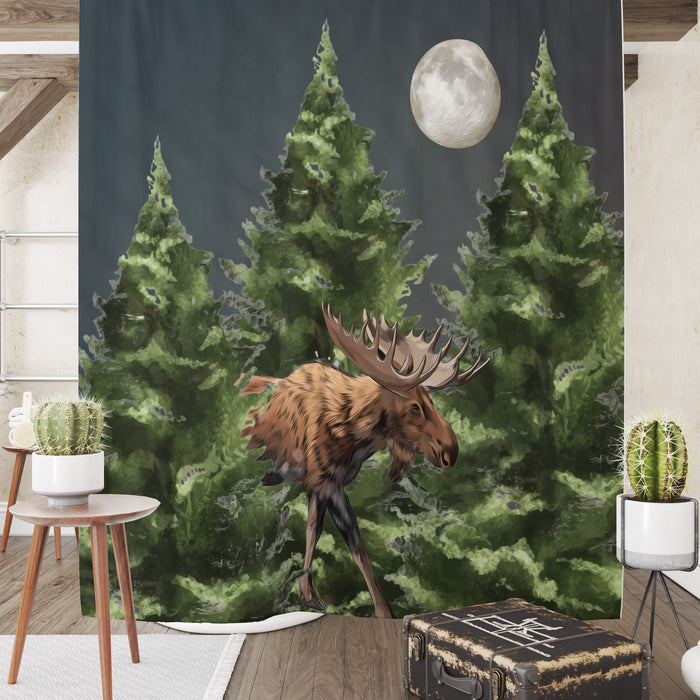 Moose and Pine Trees Shower Curtain, Rustic Lodge Bathroom Decor
