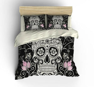 Black and White Pink Flower Sugar Skull Comforter or Duvet Cover Bedroom Set