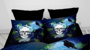Navy Blue Twilight Moon and Crow Gothic Skull Comforter or Duvet Cover Bedroom Set