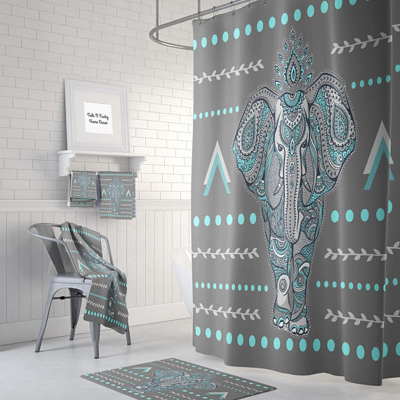 Turquoise and Grey Elephant w/ Mandala Designs Shower Curtain