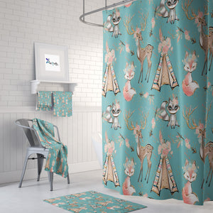 Woodland Boho Animals Shower Curtain, Bath Towels, Bath Mat