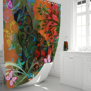 Abstract Boho Cat and Butterflies Shower Curtain