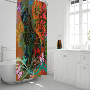 Abstract Boho Cat and Butterflies Shower Curtain