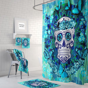 The Teal and Blue Butterflies Sugar Skull Shower Curtain