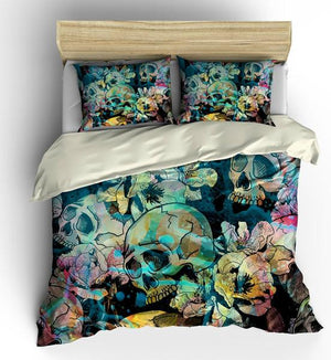 Calavera Floral Abstract Teal And Yellow Gothic Skulls Comforter or Duvet Cover Bedroom Set