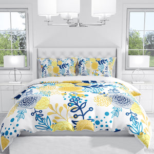 Botanical Bedding, French Country Comforter Set or Duvet Cover, Yellow and Blue Flowers