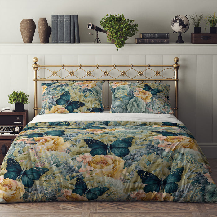 Green Butterfly Floral Bedding Set, Reversible Comforter, Or Duvet Cover