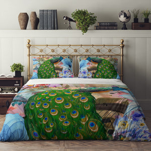 Colorful Floral Peacock Bedding Set, Reversible Comforter, Or Duvet Cover