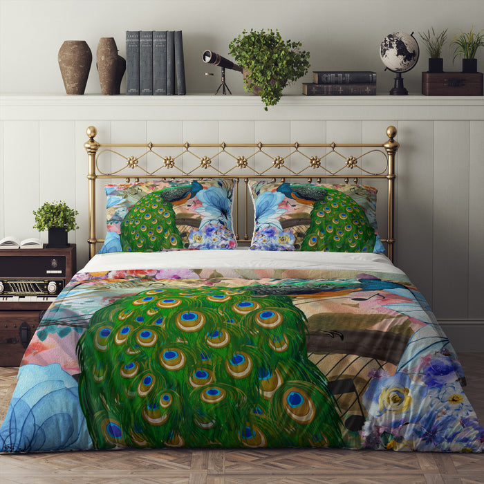 Colorful Floral Peacock Bedding Set, Reversible Comforter, Or Duvet Cover