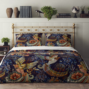 Navy Blue Paisley Floral with Birds Bedding Set, Reversible Comforter, Or Duvet Cover