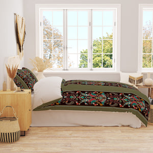 Green Boho Pattern Bedding Set, Reversible Comforter, Or Duvet Cover