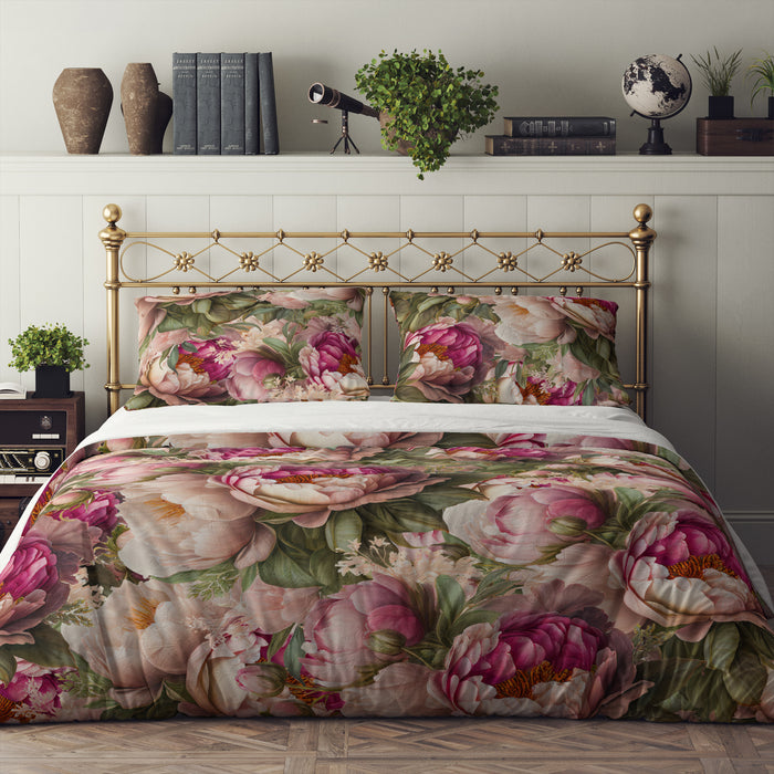 Pink Peony Floral Bedding Set, Reversible Comforter, Or Duvet Cover