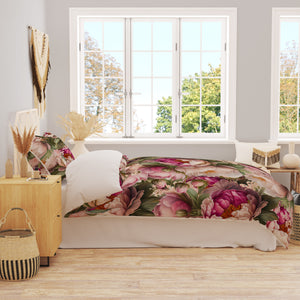 Pink Peony Floral Bedding Set, Reversible Comforter, Or Duvet Cover