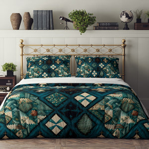 Green Patchwork Pattern Bedding Set, Reversible Comforter, Or Duvet Cover