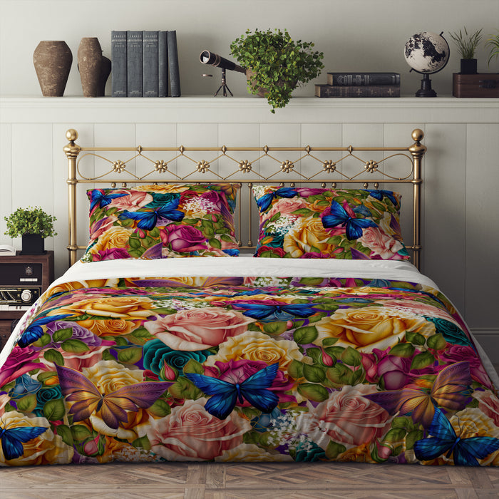 Roses and Butterflies Bedding Set, Reversible Comforter, Or Duvet Cover