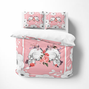 Pink Skulls Floral Bedding Set