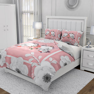 Pink Skulls Floral Bedding Set