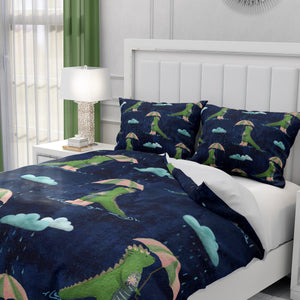 Rainy Day Dinosaur Comforter OR Duvet Cover Set Navy Blue
